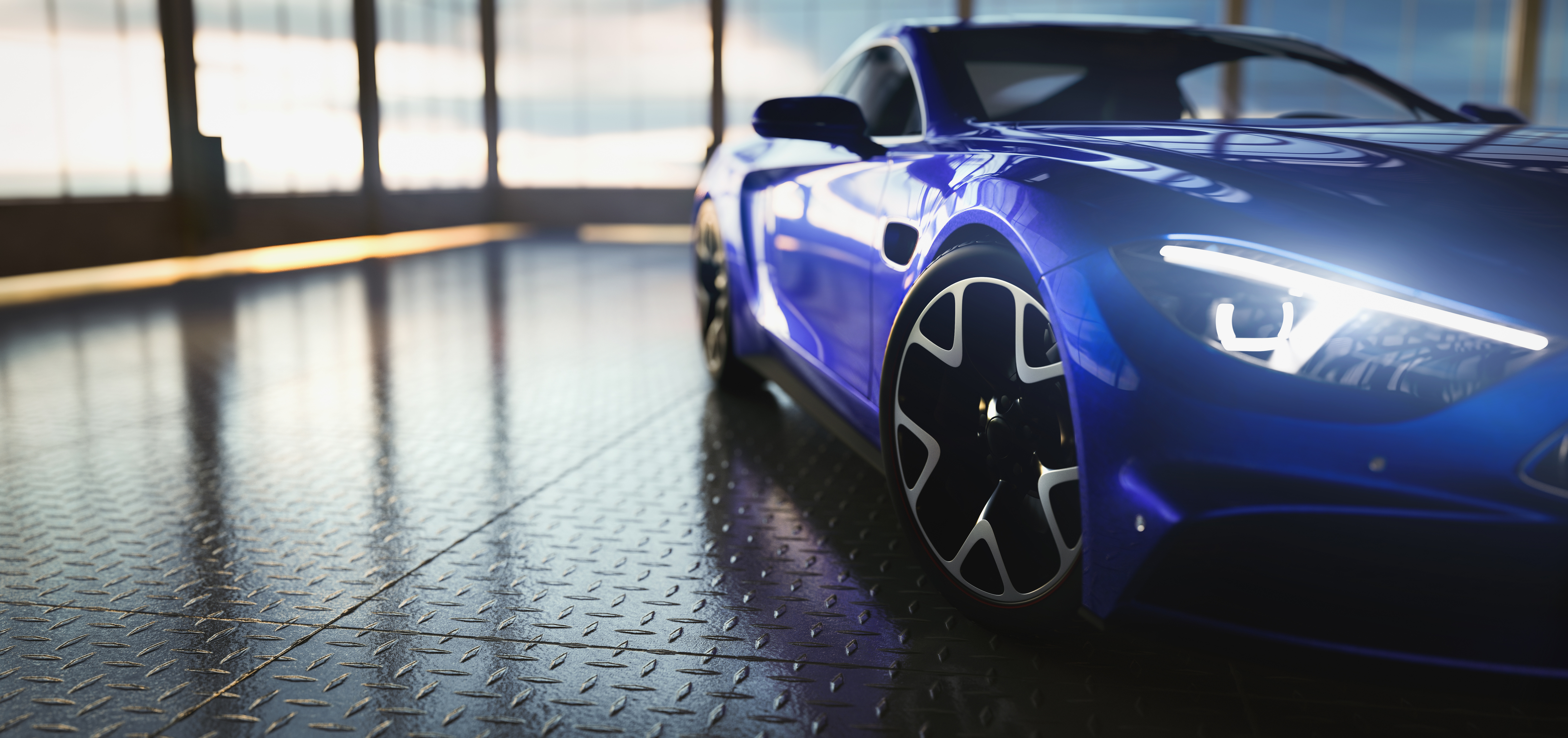 Modern Blue Coupe Sports Car in Showroom